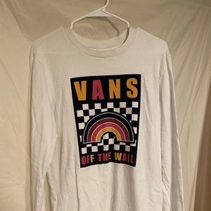 White vans with colorful logo long sleeve tee